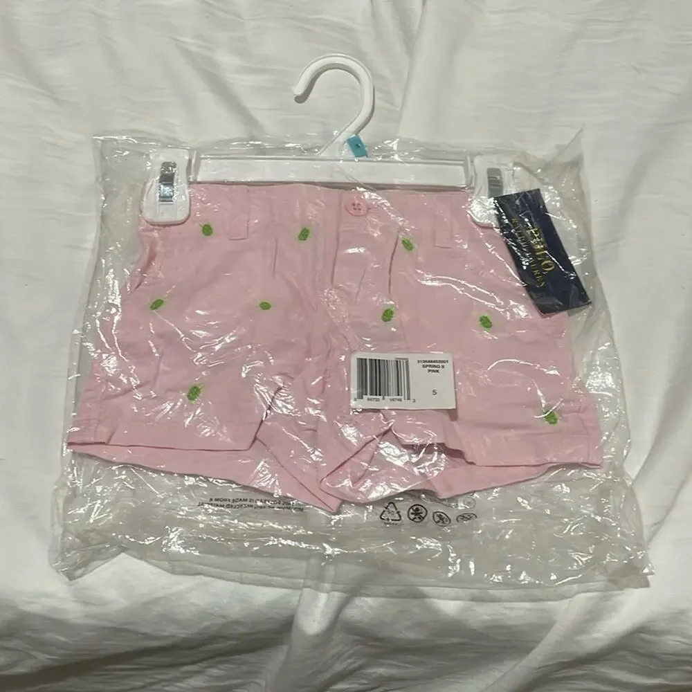 Ralph Lauren 5 pink cotton chino short green embroidered turtles nwt perfect